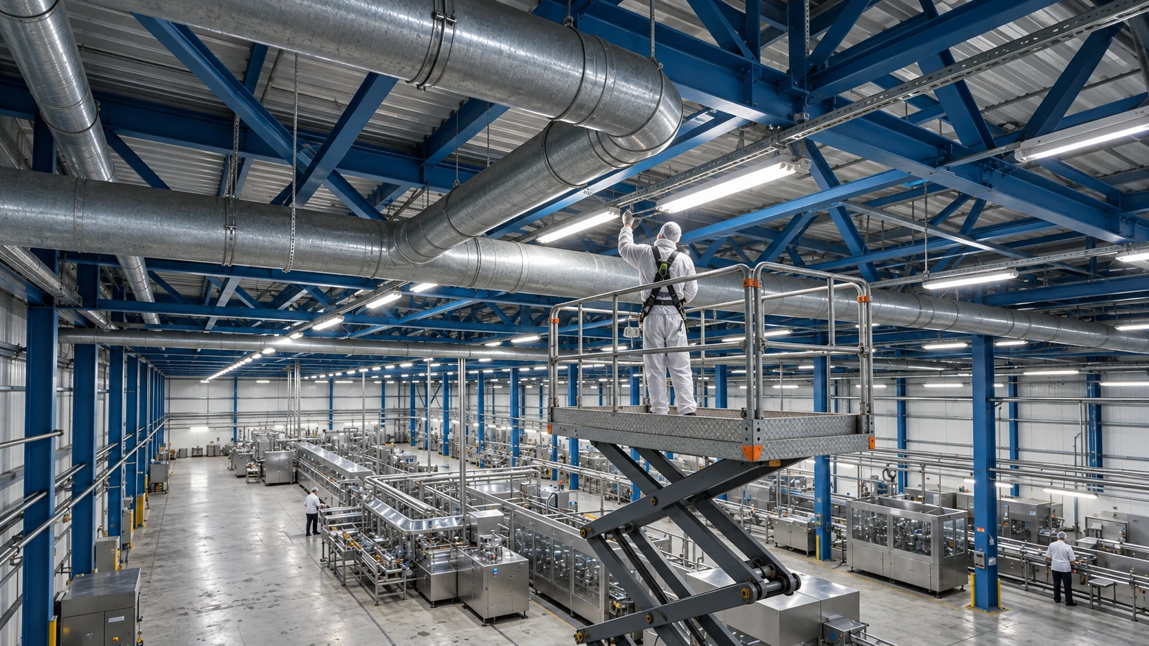 Medarbetare på skylift rengör takbalkar och ventilation högt över produktionshallen